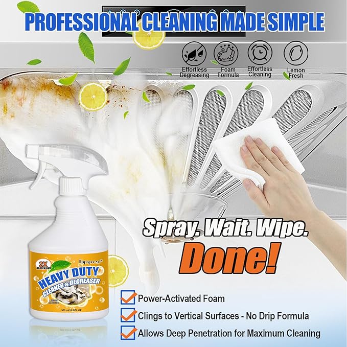 16.9 FL OZ Heavy Duty Kitchen Foam Cleaner - Multipurpose Degreaser Spray to Clean Up Kitchen Oil Stains, Grease & Burnt Residue on Pots, Pans, Ovens, Surfaces - Dual-Spray Nozzle, No-Rinse Formula