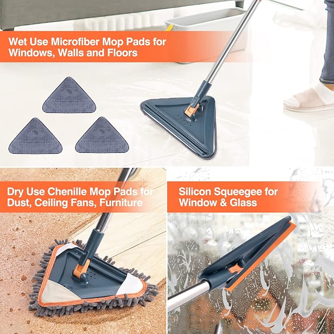 85 Inch Wall Cleaner with Long Handle, 360° Rotatable Wall Mop, Wall Washer Cleaner Tool for Walls/Ceiling Fans/Dust/Baseboard/Floors Clean, 6 Replacement Pads and 3 Silicon Squeegee Scraper Strips