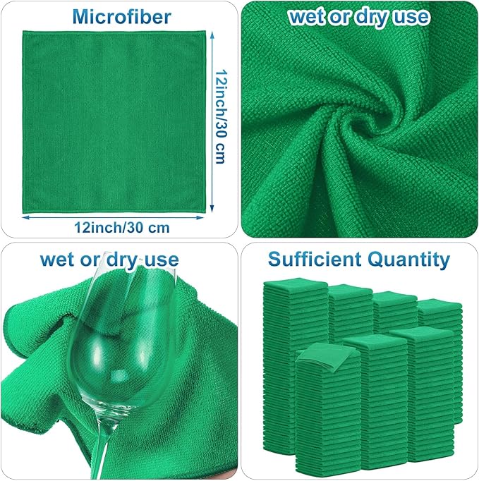 Tenare 100 Pack 12'' x 12'' Microfiber Cleaning Cloths Reusable Cleaning Rags Bulk Microfiber Towels Softer Highly Absorbent Washcloths for House Kitchen Car Window(Green)