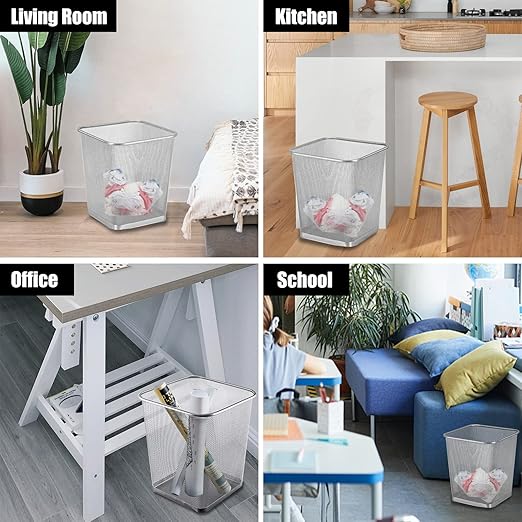 10-Pack Silver Square Metal Trash Cans, 6 Gallon Capacity, Mesh Design, Non-Slip Base, Smooth Edges, Suitable for Office, Home, School