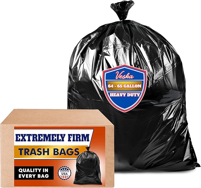 Veska 65 Gallon Trash Bags for Toter, (Value-Pack 50 Count w/Ties) Extra Large 64 Gallon Heavy Duty, 60 Gal Trash Bags Outdoor Garbage Can Liner for CustodiansExtra Large Garbage Bag 70 Gallon