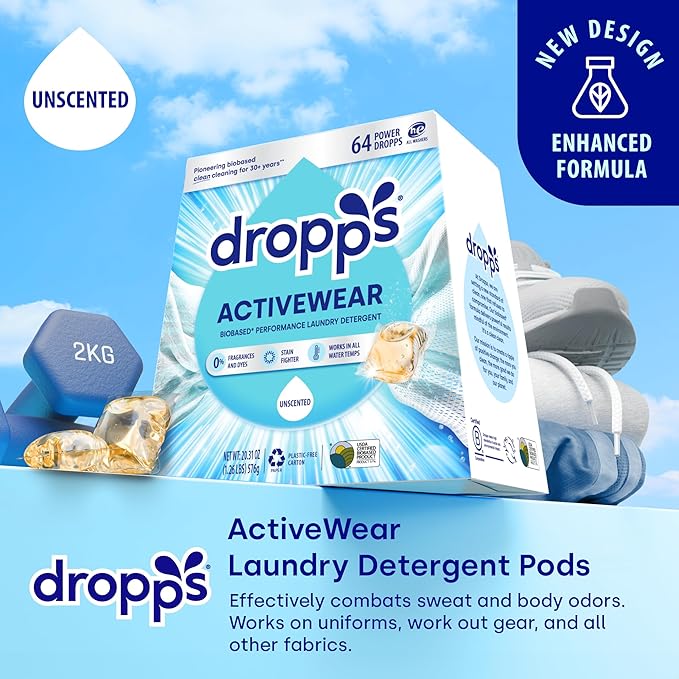 Dropps Activewear Laundry Detergent Pods, Unscented (64 Count) - Biobased Power Laundry Pods Fights Tough Stains & Odors, Sweat & Dirt - HE Compatible Laundry Supplies for Clean Sport Clothes