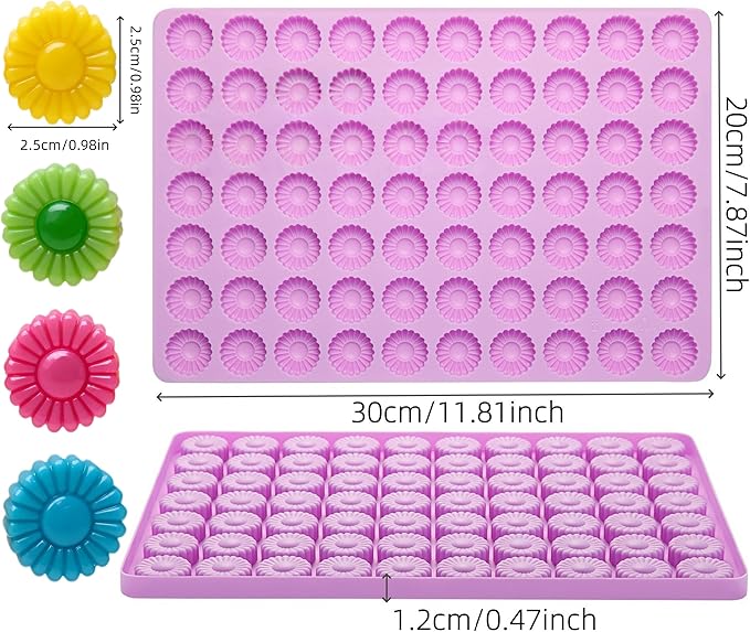 Silicone Daisy Flower Candy Molds, 70 Cavities, Purple Chocolate Silicone Molds DIY Gummy Bear Molds with Scraper
