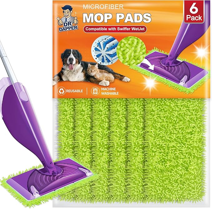 6 Pack Reusable Mop Pads Compatible with Swiffer Wet Jet Spray Mop, Microfiber Wet Jet Pads Refill for Swiffer Mop, 10-12inch Wet Mop Pads for Dry Wet Mopping Cloths, Reusable Mop Replacements Pads