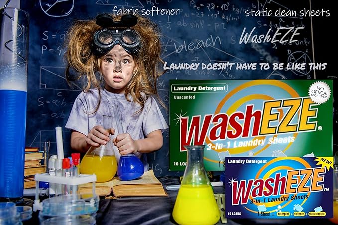 WashEZE 3 in 1 Laundry Detergent Sheets Unscented 40 count with Fabric Softener Fragrance and Phosphate Free- More efficient than pods pacs powders or liquids