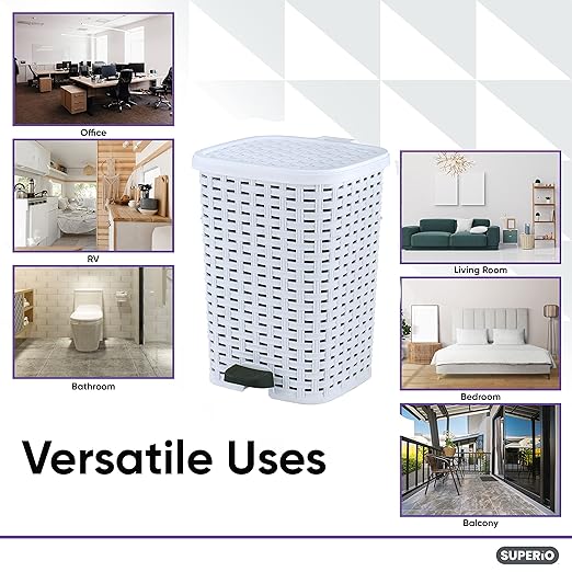 Superio Small Outdoor Trash Can with Lid for Dog Poop 6.8 Gallon/26 L Plastic Step On Garbage Can with Foot Pedal for Bathroom, Bedroom, Office, Patio, Wicker White