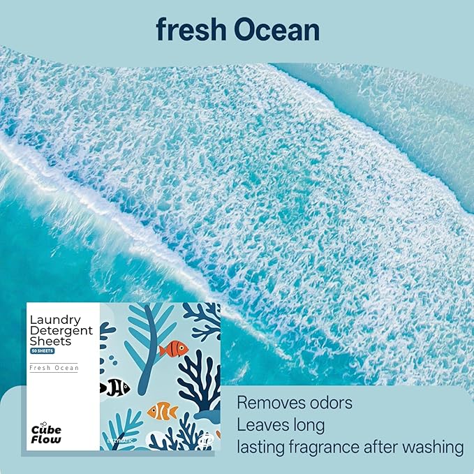Laundry Detergent Sheets, Fresh Ocean Scent - 100 Loads | Deep Cleaning Power & Long-Lasting Freshness | Liquidless, Pre-Measured Eco Sheets | Plastic-Free, Hypoallergenic & Travel Friendly