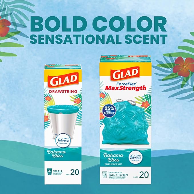 Glad ForceFlex MaxStrength Kitchen Trash Bags, 13 Gal, Bahama Bliss Febreze, 90 Ct (Pack May Vary)