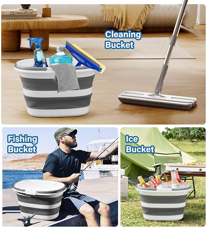 Collapsible Bucket, Upgraded 16L (4.2 Gallon) Collapsible Mop Bucket with Multi-Functional Lid, Foldable Portable Camping Beach Sand Water Pot Pail Space Saving Square, Car Washing Bucket