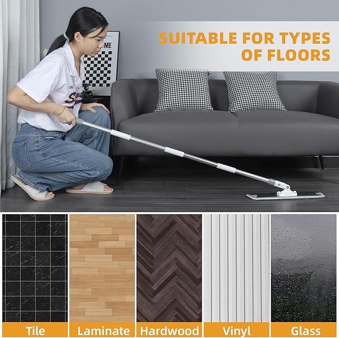Flat Microfiber Mop for Floor Cleaning, 18 inch (17.7 in/45 cm) Aluminum Base, Adjustable Stainless Steel Handle 29.5 to 52 in, 360-Degree Swivel, Dry & Wet, 4 Washable Pads - LJGG