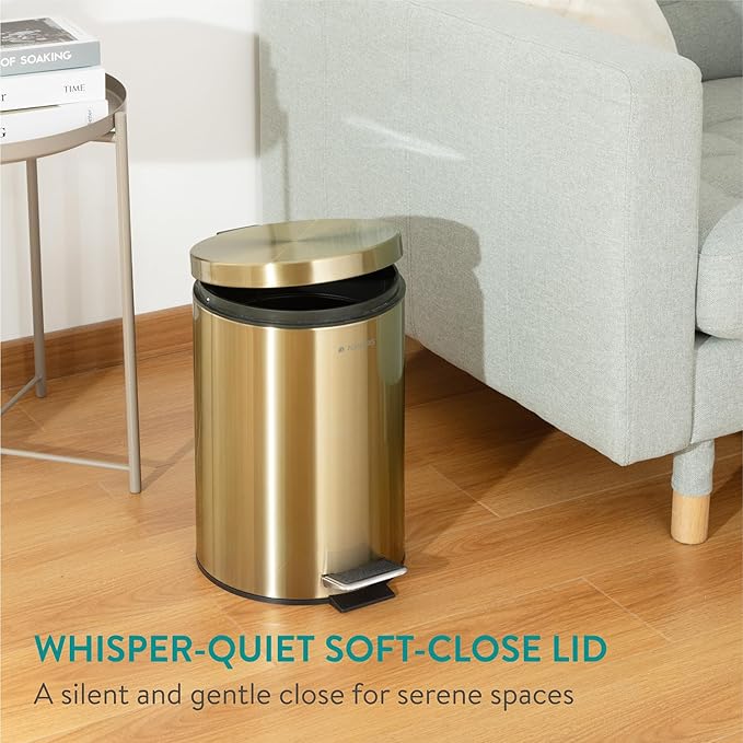 Navaris Gold Pedal Bin 3.2 gal (12 Litre) - 12L Kitchen Bin with Lid and Removable Inner Bucket - Recycling Bins for Kitchen Bathrooms Toilet Office or Bedroom - Metallic Gold