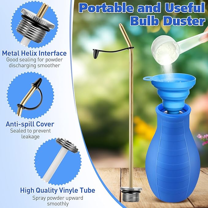 Qualirey Diatomaceous Earth Powder Duster, Blue, 16 oz, 9" Long Metal Tube, Bulb Duster Sprayer for Organic Gardening & Pest Control
