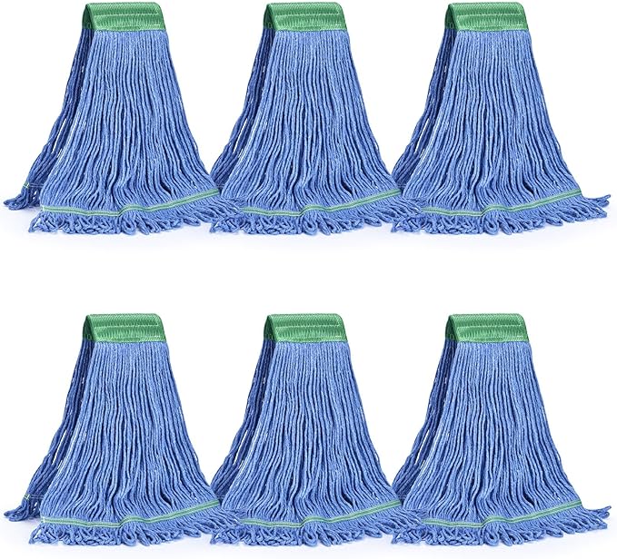 Matthew Cleaning Commercial Mop Head Replacement, 5 Inch Wide Headband, Looped End Cotton Blend String Wet Mops for Floor Cleaning, 18 oz Medium, 6-Pack Blue
