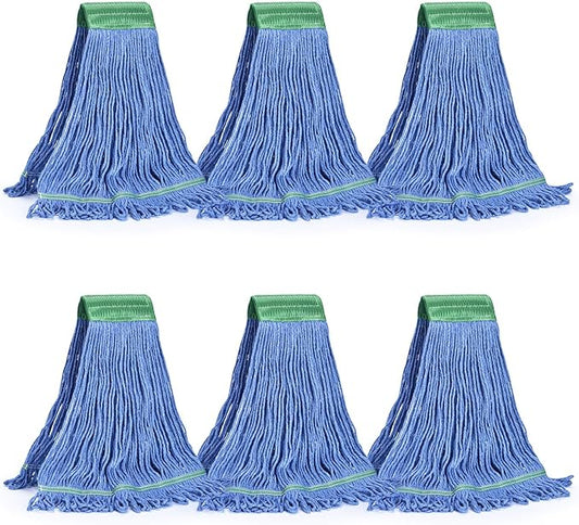 Matthew Cleaning Commercial Mop Head Replacement, 5 Inch Wide Headband, Looped End Cotton Blend String Wet Mops for Floor Cleaning, 18 oz Medium, 6-Pack Blue