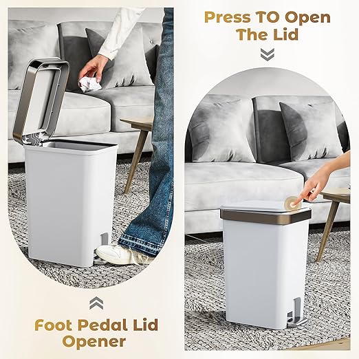 Small Bathroom Trash Can with Lid Soft Close, 10 Liter/2.6 Gallon Slim Garbage Can-Metal Step and Press top Lid, Mini Modern Waste Basket for Toilet, Office, Bedroom,Dorm,Grayish-White