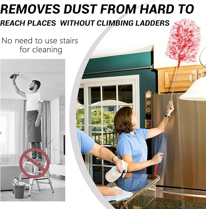 Extendable 20-49inches Microfiber Feather Duster with 3pcs Replaceable Bendable Heads, Extra Long Duster for Cleaning, Electrostatic Dust Remove for Ceiling, Fan, Window, Bookshelves (Red)