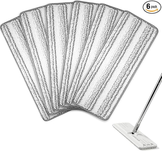 Microfiber Flat Mop Pads, 13-Inch Washable and Reusable Refills, 6-Pack Replacement for Wet and Dry Floor Cleaning, Compatible with 11-13" Hook and Loop (Velcro) Flat Mops