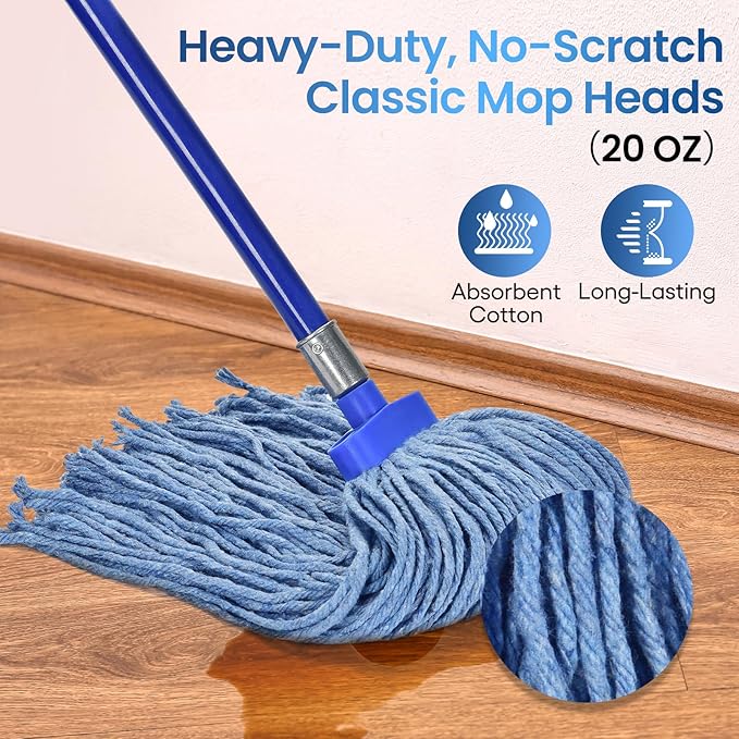 Matthew Cleaning Screw-on Heavy Duty Cotton Wet Mop Replacement Heads(Blue, Medium,3Pack) for Residential & Commercial Floor Cleaning Use- Fit Standard American Screw