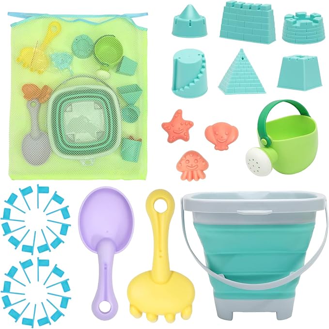 Beach Toys Sand Set for Kids, Collapsible Bucket and Shovels with Mesh Bag, Molds, Flags, Sandbox Kids Toddlers, Travel (Tavel Size)