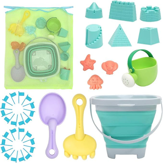 Beach Toys Sand Set for Kids, Collapsible Bucket and Shovels with Mesh Bag, Molds, Flags, Sandbox Kids Toddlers, Travel (Tavel Size)