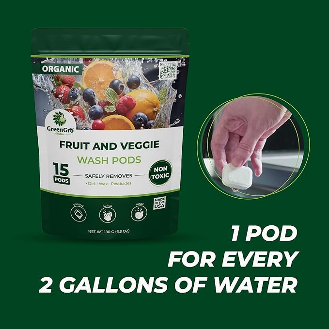 GreenGro Fruit and Vegetable Wash Pods (15 Pods) | Removes Harmful Residue | Keeps Produce Fresh Longer |