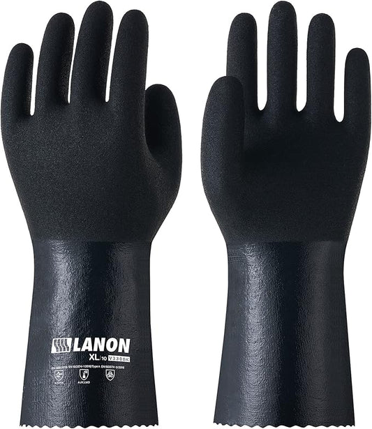 LANON 3 Pairs Nitrile Chemical Resistant Gloves, Reusable Heavy-Duty Rubber Gloves with MicroFoam Textured Palm, Acid, Alkali and Oil Protection, Black, XXL