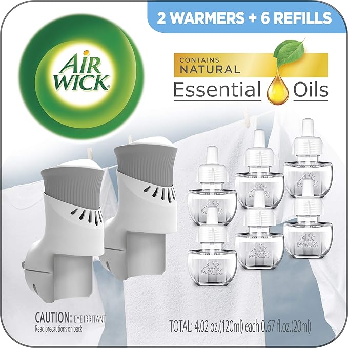 Air Wick Plug in Scented Oil Starter Kit, 2 Warmers + 6 Refills, Fresh Linen, Same Familiar Smell of Fresh Laundry, Eco Friendly, Essential Oils, Air Freshener