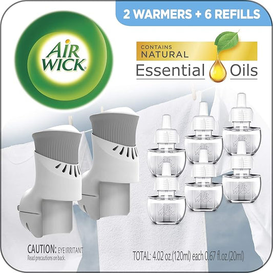 Air Wick Plug in Scented Oil Starter Kit, 2 Warmers + 6 Refills, Fresh Linen, Same Familiar Smell of Fresh Laundry, Eco Friendly, Essential Oils, Air Freshener