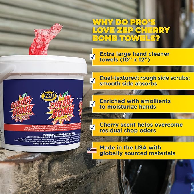 Zep Cherry Bomb Hand Cleaner Towels - 130 Towels Per Bucket (Case Of 4) 346601 Removes Stubborn Industrial Soils Such As Grease, Tar, Ink, Paints and More