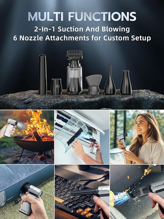 Smiling Shark Compressed Air Duster, J02 Super Power 150000RPM Aluminum Electric Air Duster with Mini Vacuum Cleaner, 2 Modes (Normal&Storm) Adjustable Dust Blower for PC/Outdoor/House/Car