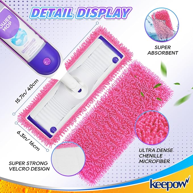 KEEPOW Reusable Mop Pads Compatible with Swiffer PowerMop, Wood Floor Pads Microfiber Mop Replacement Refills Machine Washable for All Floor Surfaces 2 Pack
