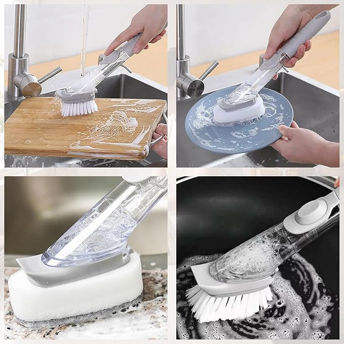 Soap Dispensing Dish Scrubber Brush for Kitchen Sink with 2 Pcs Sponge Refills