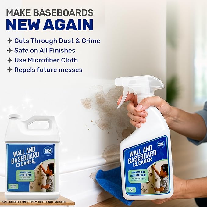 Wall & Baseboard Cleaner - Safe for Painted Walls & Trim | Eco-Friendly, No-Rinse, Kid & Pet-Safe | Anti-Resoil, Streak-Free Finish | Made in the USA | Refill - 1 Gallon (128 Fl Oz)
