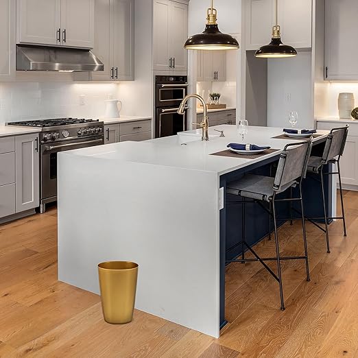 Mini Waste Basket - Pack of 2 Durable Small Plastic Garbage Trash Can Bin - Lidless Open-Top Rectangular Slim Profile for Compact Spaces - Suitable for Home, Bathroom, Office & More, Soft Brass