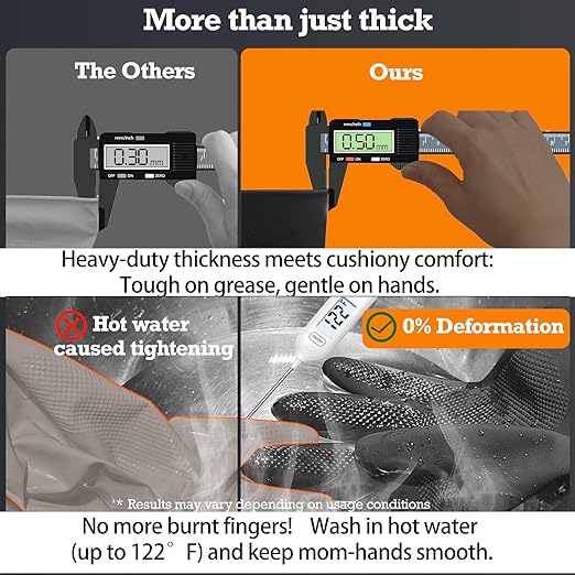 Thick Rubber Cleaning Gloves - 3 Pairs Black Rubber Gloves for Dishwashing Medium, Non-Slip Kitchen Gloves for Washing Dishes, Reusable Cleaning Gloves, Waterproof, Heavy-Duty (3P,M)