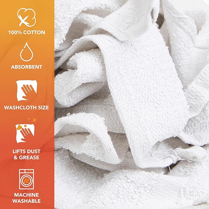 Arkwright W11 Terry Cloth Towels for Cleaning - Soft Cotton Blend Washable Multi-Purpose Bar Mop, Absorbent & Quick Dry, Bag of Rags for Kitchen, Auto Shop, and Garage, 5 lb, White
