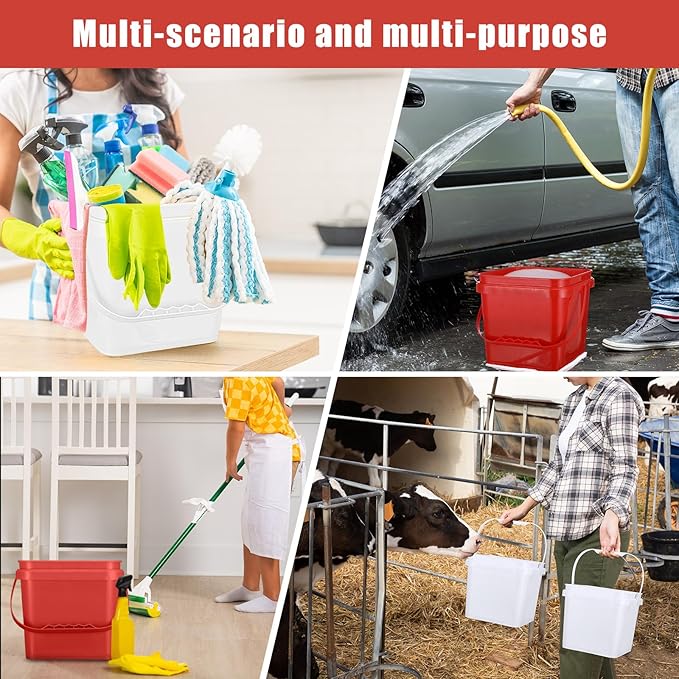4 Pcs Plastic Bucket 5 Quart Square Bucket Utility Small Pail with Handle Sturdy Pail Organizer for House Cleaning Storage Livestock Feeding Car Washing Food Storage, No Lids(Red)