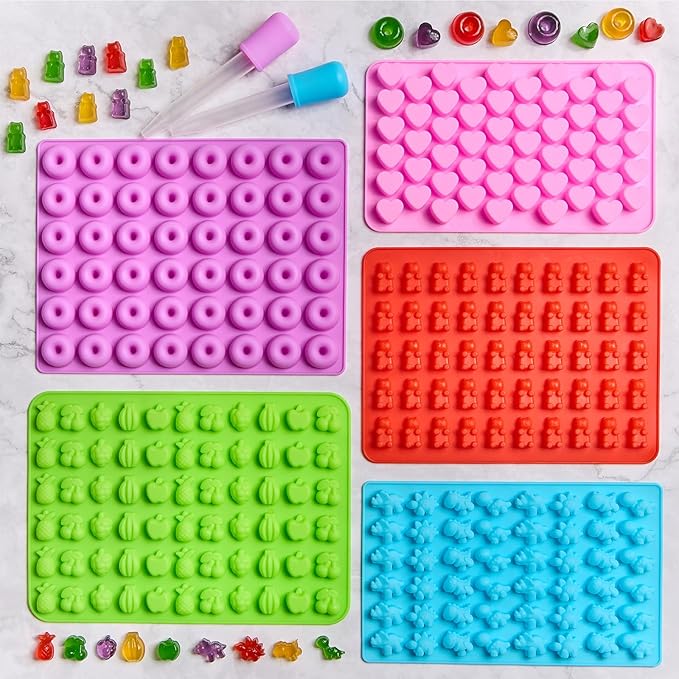 5 Pcs Mini Gummy Candy Molds with 2 Dropper, Silicone Bear Donut Dinosaur Fruit Snack Molds Non-stick and BPA Free Jello Candy Mold for Small Chocolate Gummies
