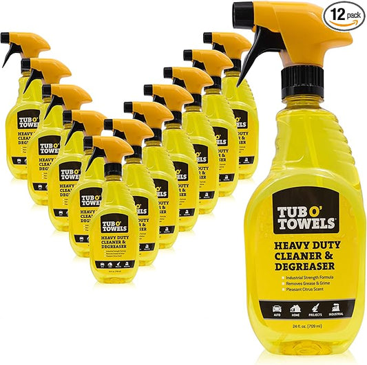 Tub O' Towels Heavy Duty Cleaner and Degreaser Spray Helps in Removing Oil Tar Paint Dirt Caulk Grease Grime Gunk Epoxies, Industrial Strength, Home & Auto, Made In USA, Citrus Scent, 24oz, 12-Pack