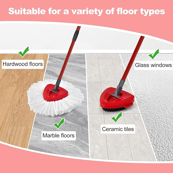 Spin Mop Heads Replacements for O Ceda EasyWring 1-Tank System, 3 Microfiber Mop Head Refills, 4-Section Iron Handle, 1 Base and 1 Scrub Brush Combo Set for Floor Cleaning