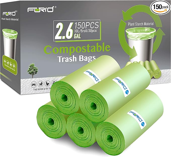 FORID 2.6 Gallon Compostable Garbage Bags, 150 Count, 5 Rolls – Green, Small, Durable, Thick, Unscented Trash Bags, 10 Liter - For Kitchen, Bathroom, Home, Office