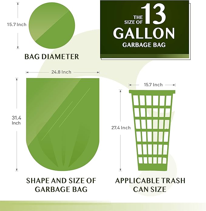 Compostable Trash Bags - FORID 13 Gallon Tall Kitchen Garbage Bags 80 Count Unscented Trash Can Liners 55 Liter Medium Wastebasket Bags for Bathroom Home Bedroom Office Garbage Can (5Rolls/Green)