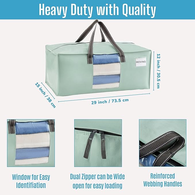 VENO 2 Pack Moving Bags for College, Heavy-Duty Storage Totes, Moving Boxes and Wardrobe Packing Supplies Alternative - Extra Large Durable Laundry Bags for Clothes (Shiny Light Green, 2 Pack)