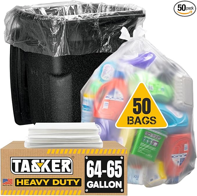 65 Gallon Clear Trash Bags Heavy Duty (MegaPack 50 Bags w/Ties) 64 Gallon Extra Large Clear Plastic Recycling Garbage Bags