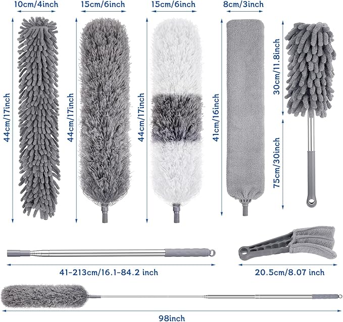 9PCS Dusters for Cleaning,Extendable Microfiber Duster with Extension Pole Up to 100'',Bendable Washable and Reusable Dusters Kit for Ceiling Fans, High Ceilings,Blinds,Furniture and Cars