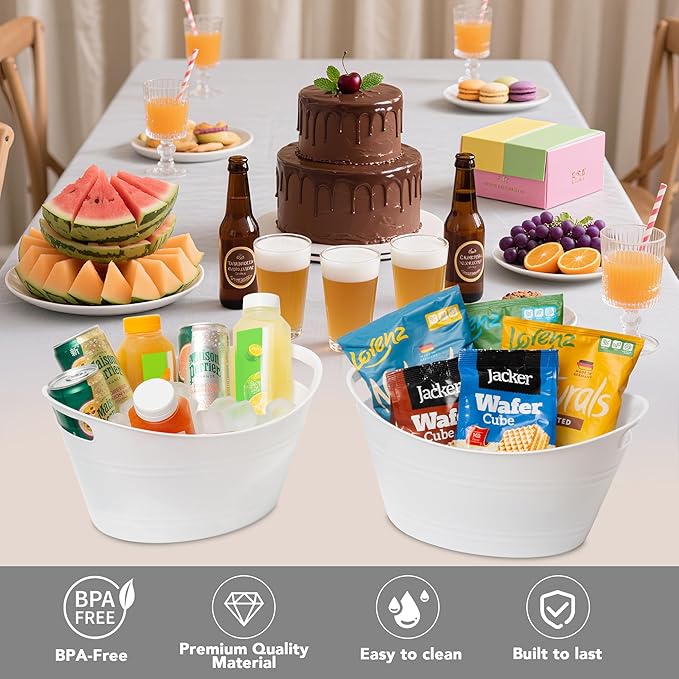 Tiawudi 8 Pack Ice Buckets with Handles, Ice Drink Tub for Party & Bar, Wine Beer Champagne Beverage Bottle Cooler, Plastic Storage Tub, Oval Storage Basket for Home, 4.5 Liter Each, White