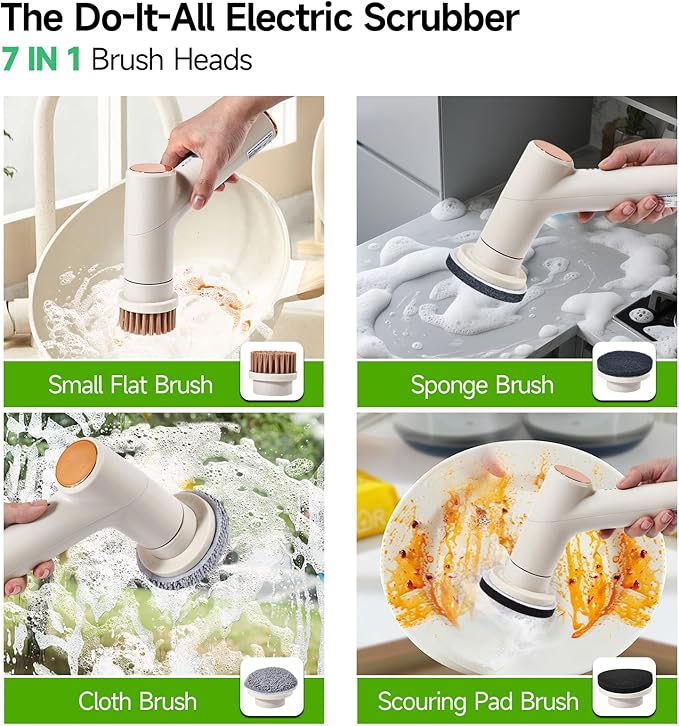 Cordless Electric Spin Scrubber Pro, Power Scrubber Cleaning Brush with 7 Replaceable Heads, Base, Dish Scrubber, Bathroom Shower Brush, 2 Adjustable Speeds, for Cleaning Kitchen Sink Tile Tub Floor