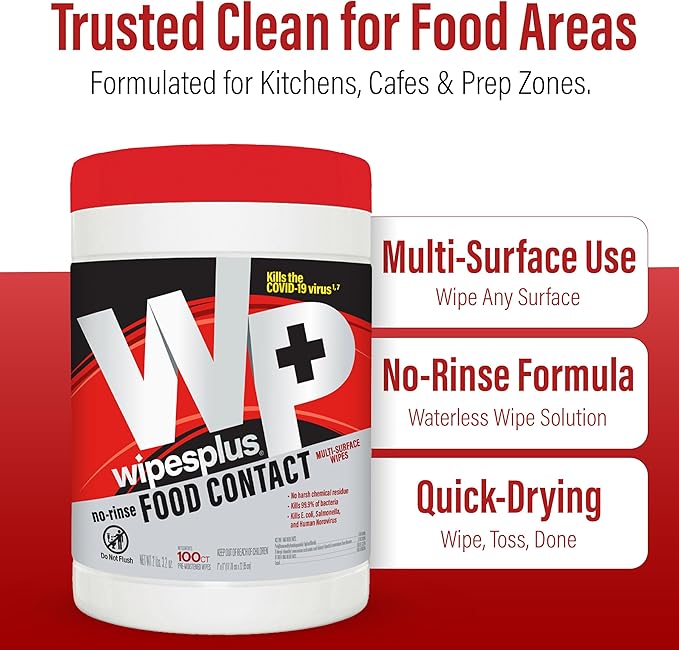 WIPESPLUS No-Rinse Food Contact Wipes Canister Multi-Surface Wipes, Unscented for Home and Business, 1200 Count, (12 Packs of 100)