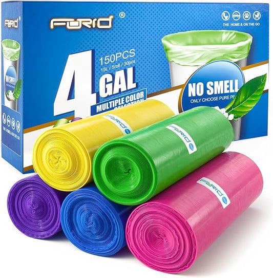 FORID Small Trash Bags 4 Gallon for Bathroom - Extra Thick Colored Garbage Bags Unscented,Strong Plastic Wastebasket Can Liners for Home Bedroom Office and Car,150 Bags Multi Colored