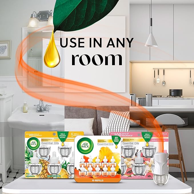 Air Wick Plug In Scented Oil Starter Kit, 2 Warmers + 6 Refills, Vanilla & Pink Papaya, Essential Oils, Air Freshener